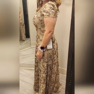 Formal gown. Size 8, dark gold with raised flowers and some sequins